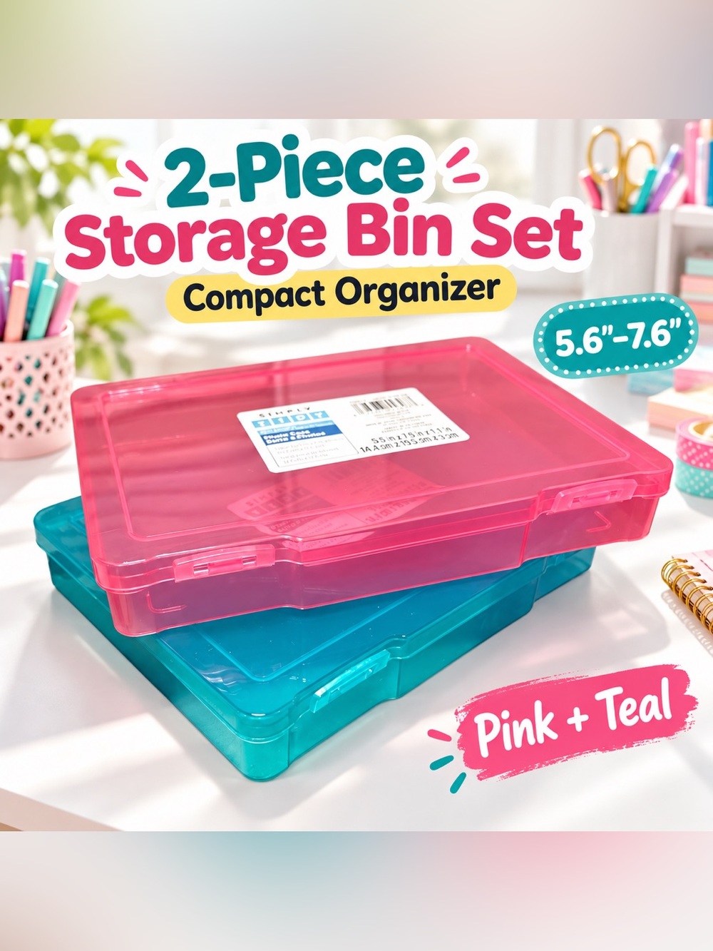 Set of 2 Plastic Storage Boxes in Pink and Teal 5.6 in x 7.6 in x 1.1 in
